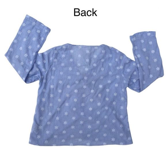 H&M boho peasant blouse blue white pinstripe eyelet lace up front long sleeve L​ - Picture 3 of 9